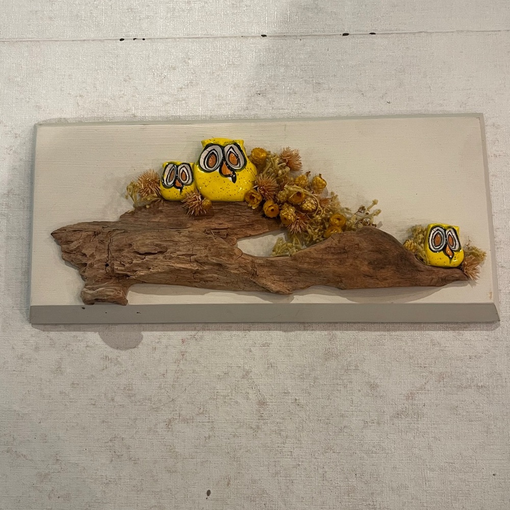 Vintage handmade pottery yellow Owl Wall Art on natural driftwood. So retro!